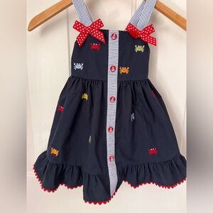Good Lad Girl's Crab Nautical Embroidered Woven Cotton Dress Navy Blue Size 3T